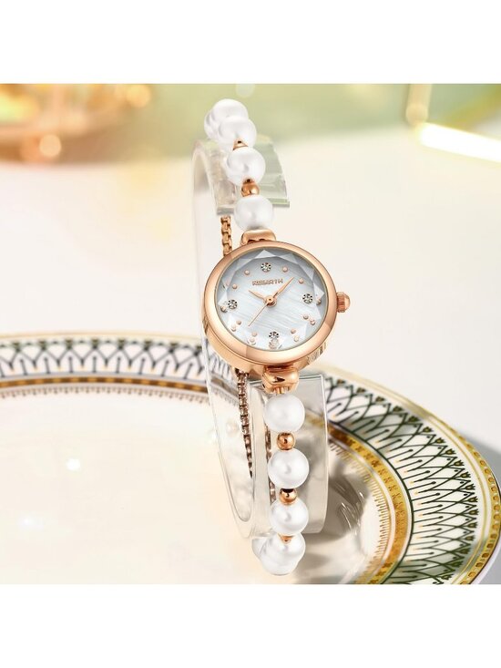 Women Rose Gold Analog Quartz Adjustable Slider Clasp Pearl Bracelet Wrist Watch main image 4